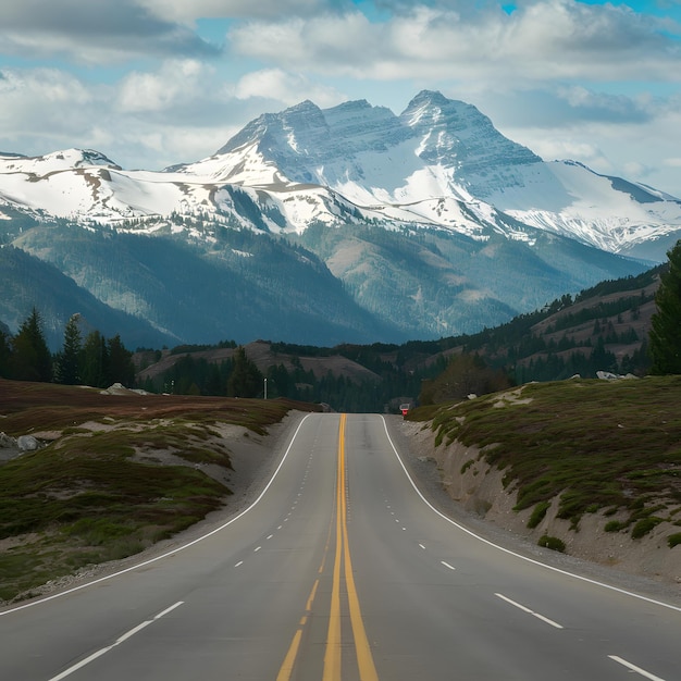 El camino del viaje escénico conduce hacia la majestuosa vista de las montañas nevadas para las redes sociales