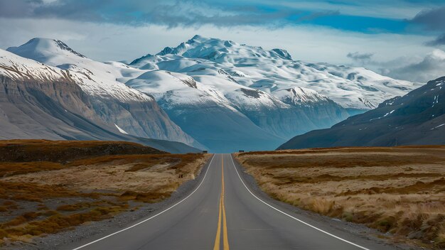 El camino de viaje panorámico conduce hacia la majestuosa vista de las montañas nevadas