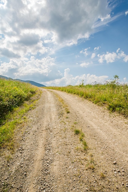 Camino viejo encima de montañas de claros y bosques