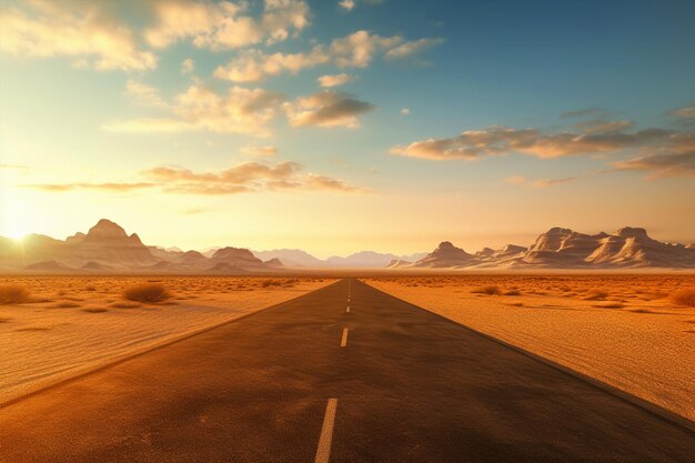 Caminos sin fin vacíos al atardecer en el desierto generados por la IA