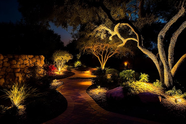 Caminos iluminados del parque. Concepto de zona de descanso al aire libre.