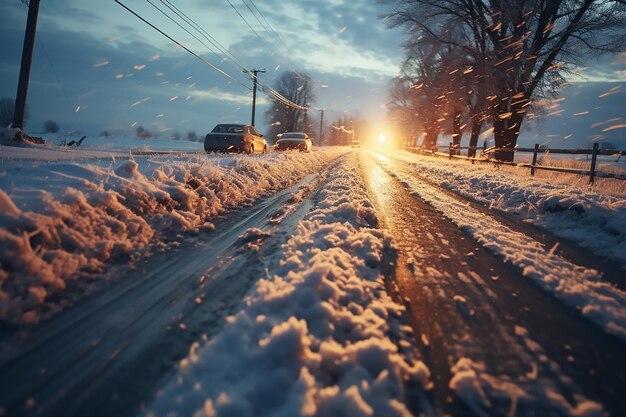 Caminos nevados con un campo cubierto de nieve Los coches navegan por un camino nevado en un bosque oscuro Paisaje de invierno