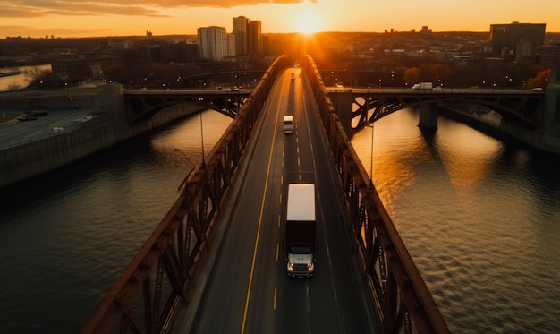 Camiões atravessando a ponte ao pôr-do-sol