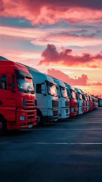 Camiões estacionados em fila ao pôr-do-sol céu indústria de transporte rodoviário de mercadorias logística e transporte