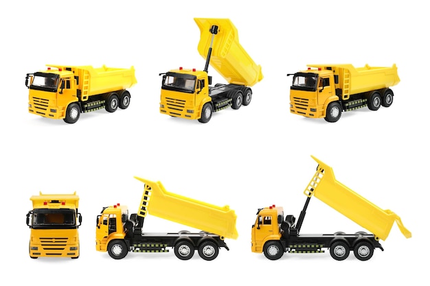 Camion amarillo aislado en diferentes ángulos blancos Diseño de collage con juguete para niños