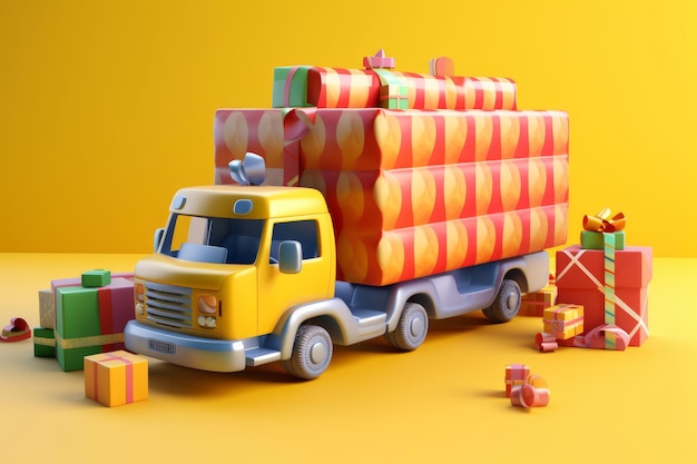 Un camión amarillo con una gran pila de regalos en la parte trasera.