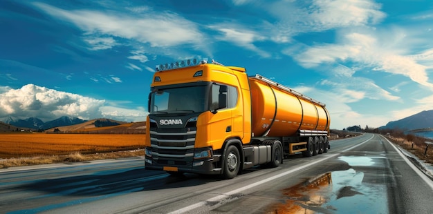 Camion amarillo con tanque de combustible en la autopista