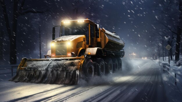 Foto el camión de arado de nieve en acción en la carretera nevada de invierno