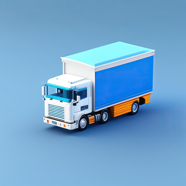 Un camión azul y blanco de dibujos animados en 3d sobre el fondo azul