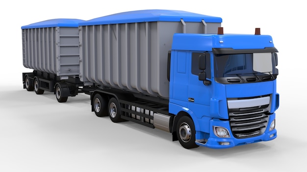 Camión azul grande con remolque separado, para transporte de materiales y productos agrícolas y de construcción a granel. Representación 3D.