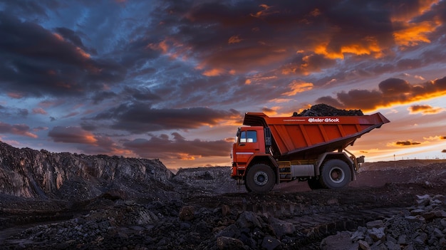 Foto un camión de basura rojo está conduciendo a través de un área rocosa con una puesta de sol en el fondo