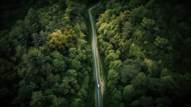 Un camión blanco atraviesa un bosque con un camino que tiene árboles.