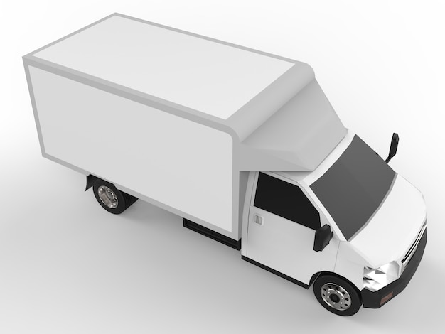 Camión blanco pequeño. Servicio de entrega de autos. Entrega de bienes y productos a puntos de venta. Representación 3D.