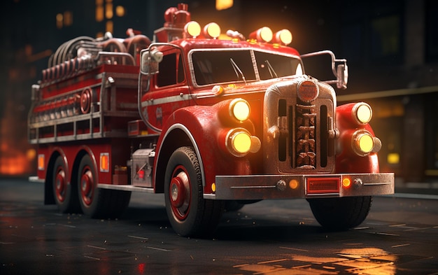 Foto el camión de bomberos y los héroes de la extinción de incendios en acción