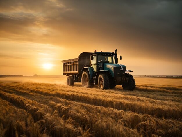 Camion en el campo con el amanecer