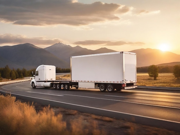 un camión de carga blanco con un remolque vacío blanco para publicidad en una carretera en los Estados Unidos