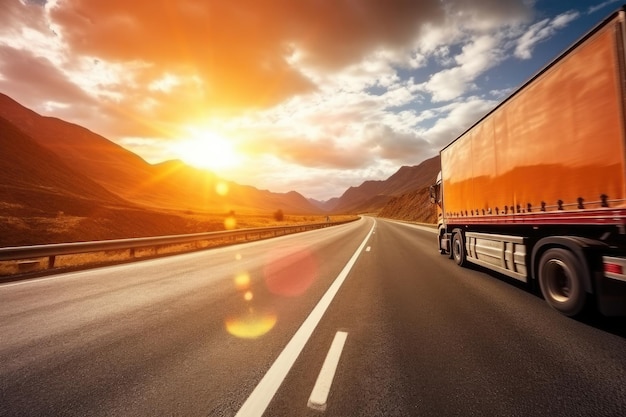 Foto un camión de carga conduce a lo largo de una autopista capturado en el cálido resplandor de la puesta de sol