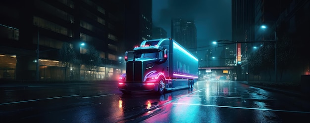 Camión con carga conduciendo por la carretera por la noche con luces de neón, fondo de desenfoque de movimiento, IA generativa