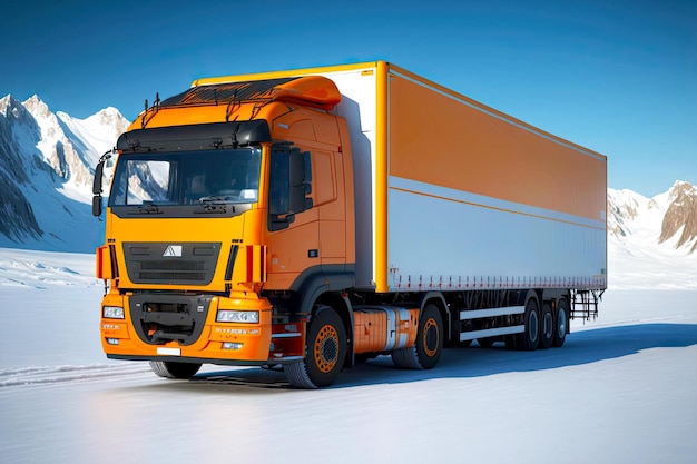 Camión de carga grande con cabina naranja para transporte de carga entre montañas