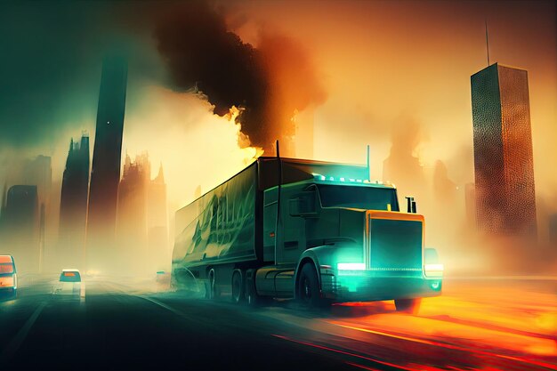 Camión de carga con horizonte borroso de la ciudad y efectos de humo