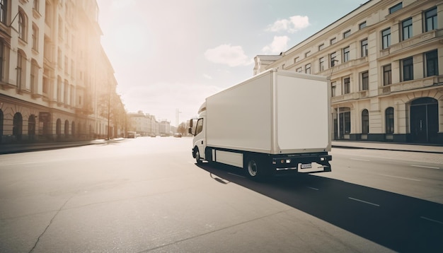Camión de carga con maqueta lateral en blanco en las calles de la ciudad generada por IA
