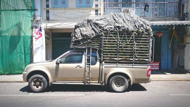 Foto un camión cargado de cocos en la calle.