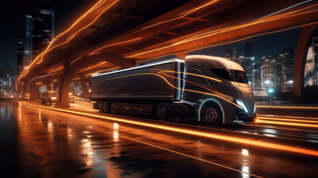 Foto camion en la carretera de la ciudad por la noche