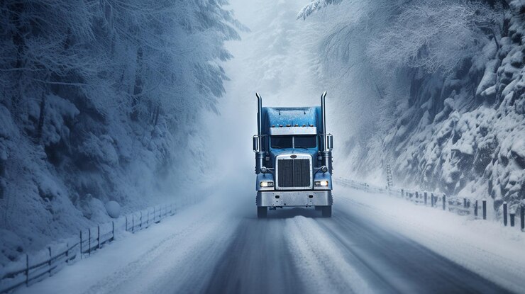 Camión en carretera de invierno en el bosque generativo ai