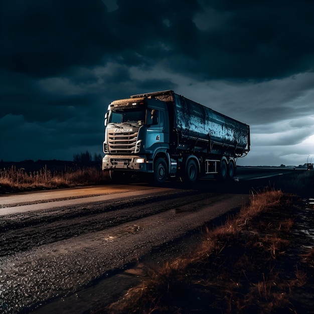 Camión en la carretera por la noche con un fondo dramático del cielo Tonado