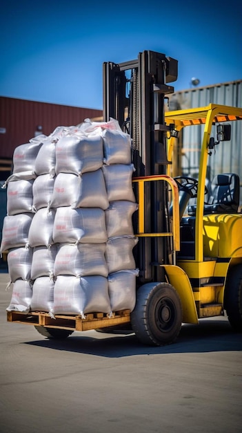 Foto un camión de carretilla elevadora está cargado con bolsas de arena