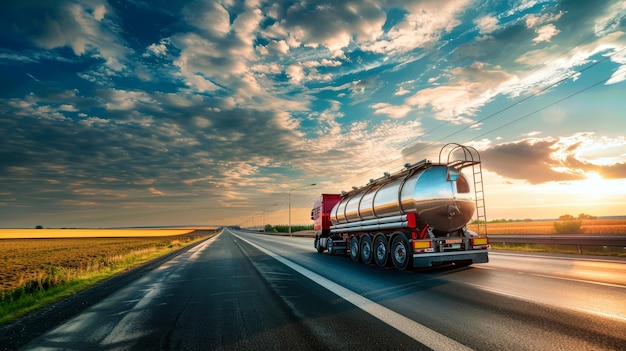 Un camión cisterna que transporta productos petrolíferos viaja por una autopista con una puesta de sol vibrante como telón de fondo