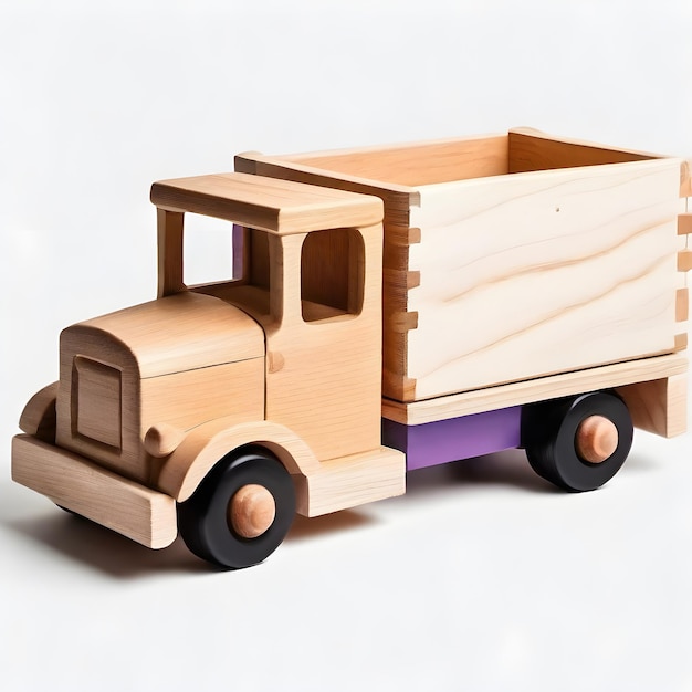 Un camión de color madera con una caja de color madera en la parte delantera sobre un fondo blanco