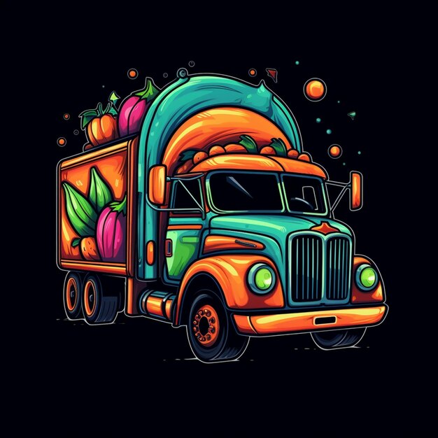 Foto un camión de colores brillantes con un gran remolque que transporta fruta generativa ai
