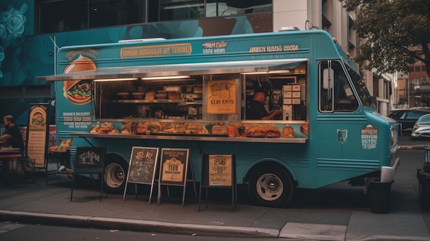 Un camión de comida azul con un letrero que dice "camión de comida"