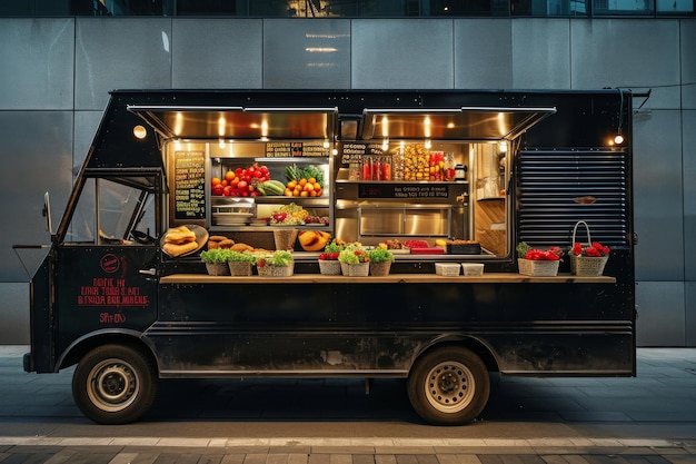 Un camión de comida está estacionado frente a un edificio que sirve comida deliciosa a los clientes Un elegante camión de alimentos que sirve cocina gourmet
