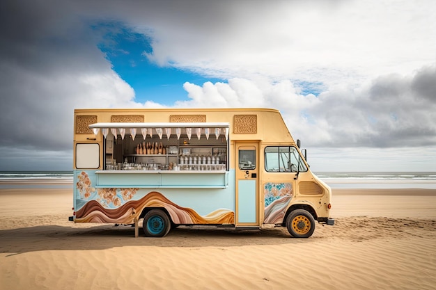 Un camión de comida estacionado en un paseo marítimo de madera con el mar y la arena de fondo IA generativa