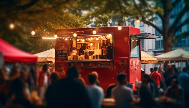 Foto camión de comida en el festival de la ciudad enfoque selectivo