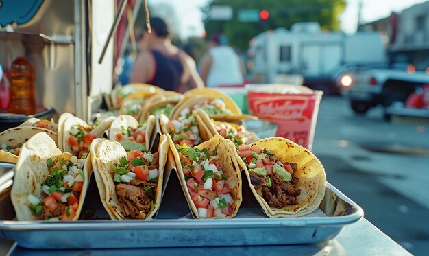 Foto un camión de comida con muchos tacos y una taza de coca cola