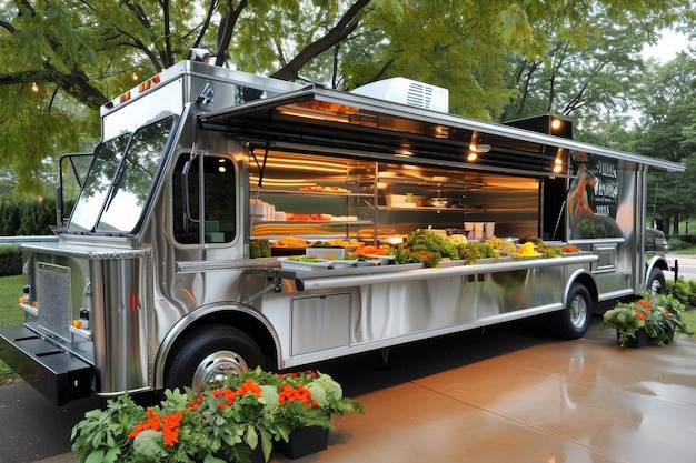 Un camión de comida plateado está estacionado frente a un árbol sirviendo a los clientes con comida deliciosa Elégante camión de alimentos que sirve cocina gourmet AI Generado