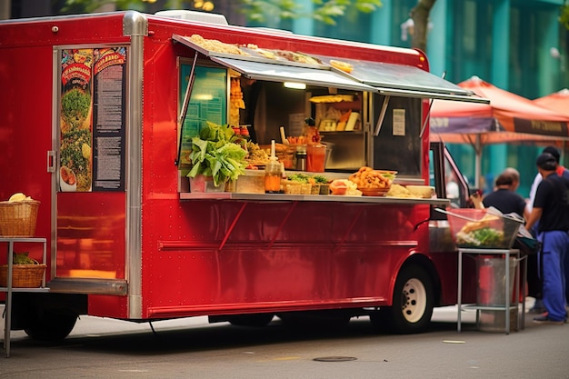 Un camión de comida con salsa en un festival de comida callejera