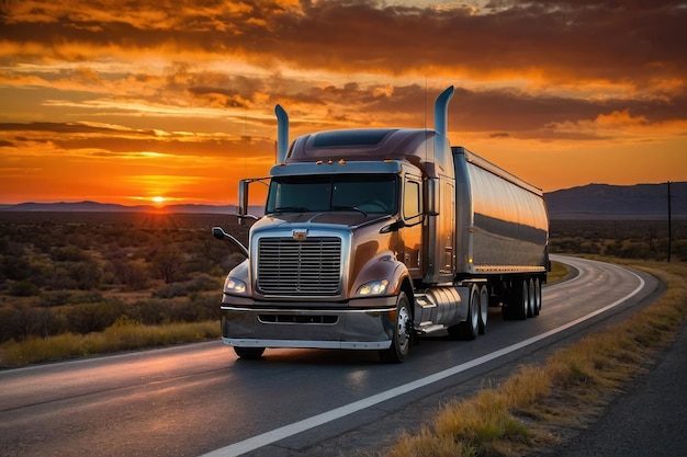 Foto un camión conduciendo al atardecer en una carretera abierta