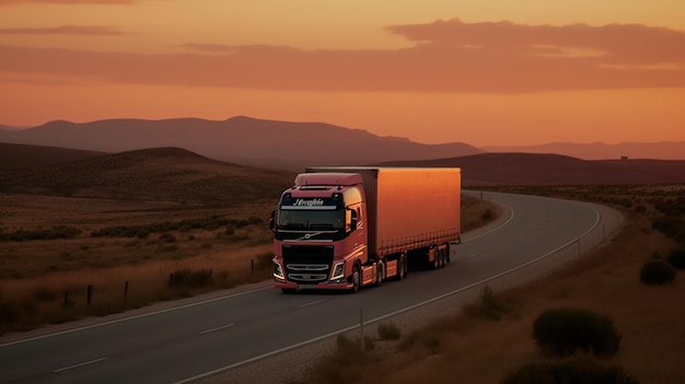 Un camión conduciendo por una carretera al atardecer