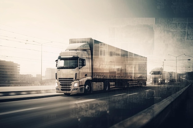 Foto el camión está conduciendo por la carretera concepto de logística y gestión del transporte y entrega de carga empresarial comercial ilustración generativa de ia
