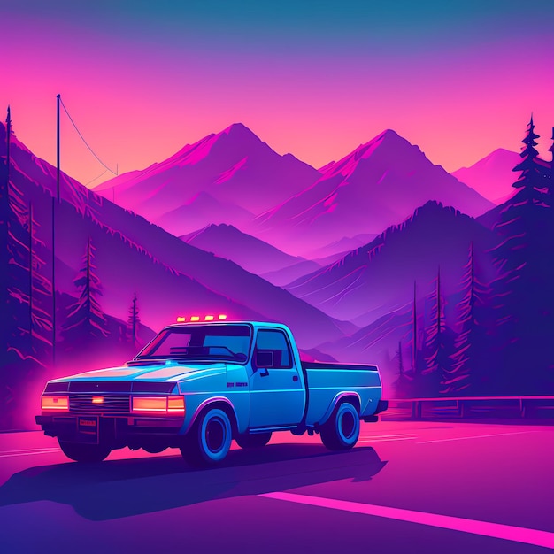 Un camión conduciendo por una carretera con una montaña al fondo al atardecer o al amanecer con un tono rosa