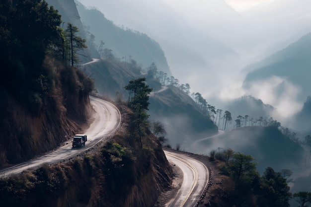 Camión conduciendo por la carretera de la montaña