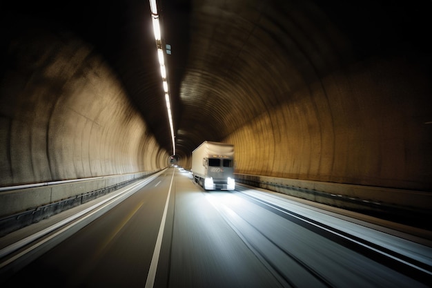 Un camión conduciendo a través de un túnel por la noche IA generativa