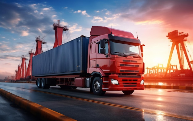 Camión contenedor en puerto para negocios Logística y transporte de buques de carga de contenedores