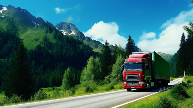 Un camión contenedor recorre una montaña verde Concepto de importación y exportación de mercancías