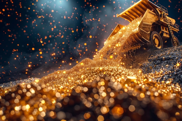 Foto un camión de descarga masivo descarga partículas de oro brillantes durante la operación minera por la noche bajo la luz