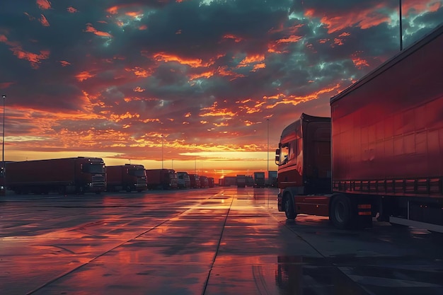 El camión se detiene durante la puesta de sol